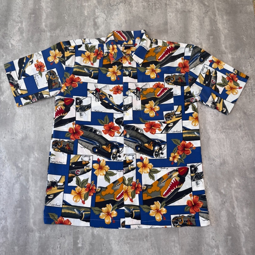 Vintage Ferruche Hawaiian Shirt Men's L  Floral Fighter Jet Military Retro NWOT